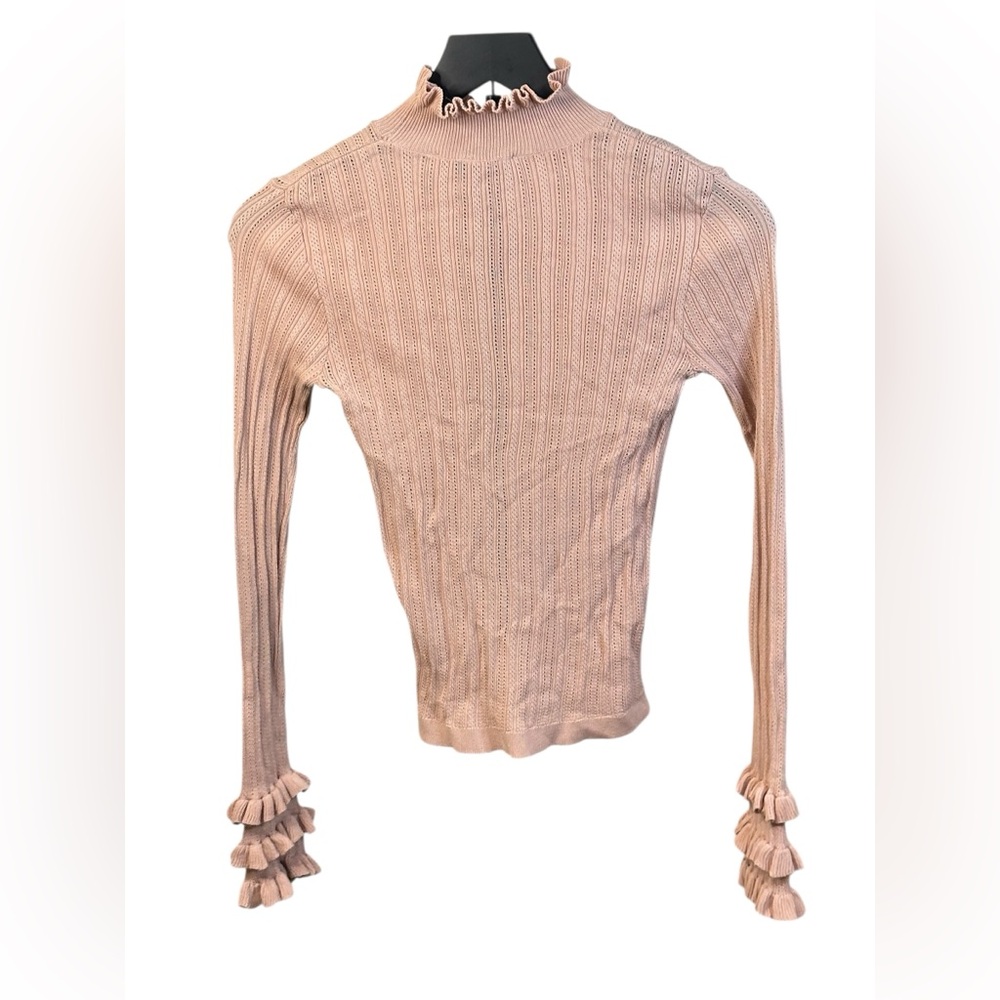 ZARA — Women’s Light Pink Ribbed Knit Top with Ruffled Sleeves - Picture 3 of 11